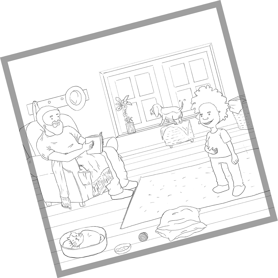 Line sketch of a page: the dad in the armchair and Donte in the living room.