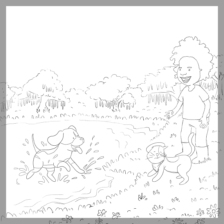 Line sketch of a page: Gus, Deon and Donte by the lake.
