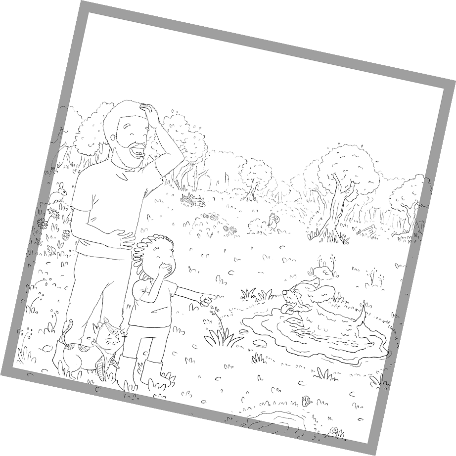 Line sketch of a page: Donte, his dad, and Deon in the field, looking at Gus covered in mud.