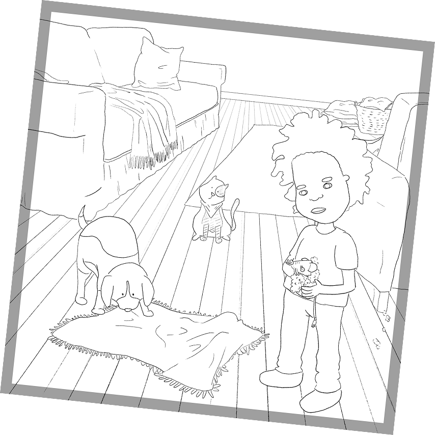 Line sketch of a page: Donte in the living room, holding a broken toy, with Gus and Deon beside him.