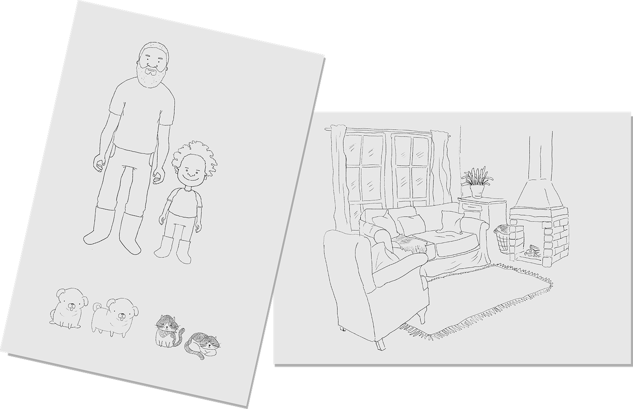Early sketches: the dad with Donte and the pets, and a sketch of the living room.