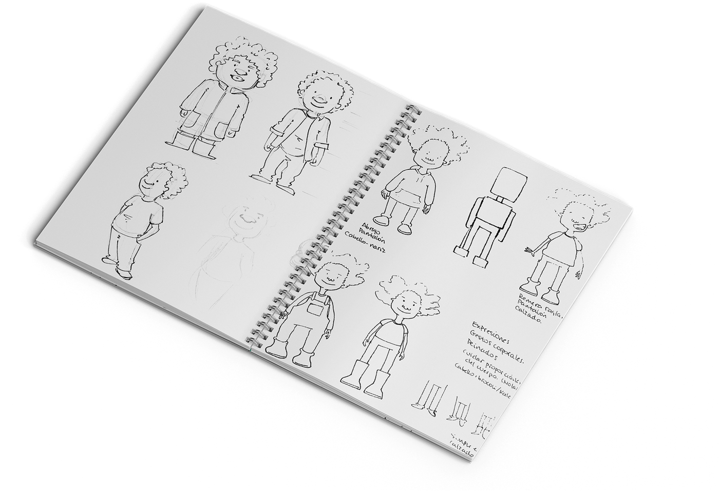 Sketchbook with early full-body versions of Donte.