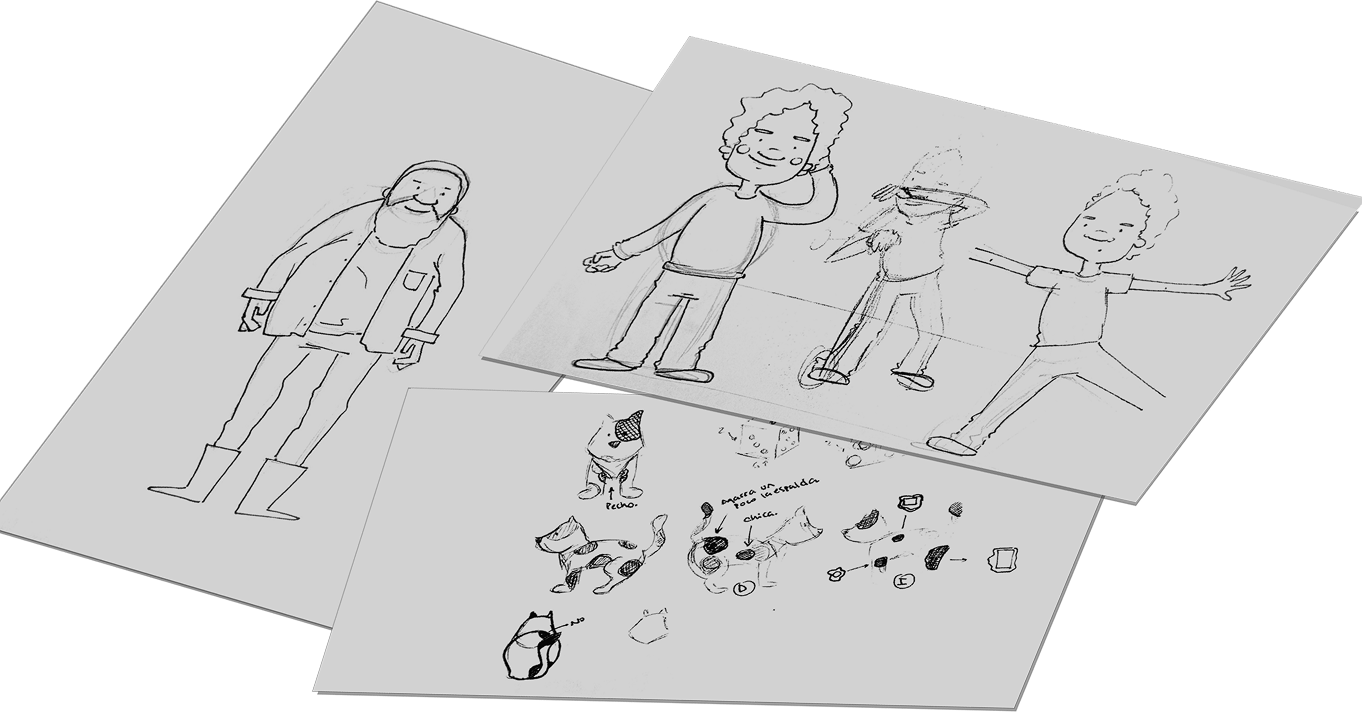 Pencil sketch sheets of Donte, his dad and the pets in different poses.