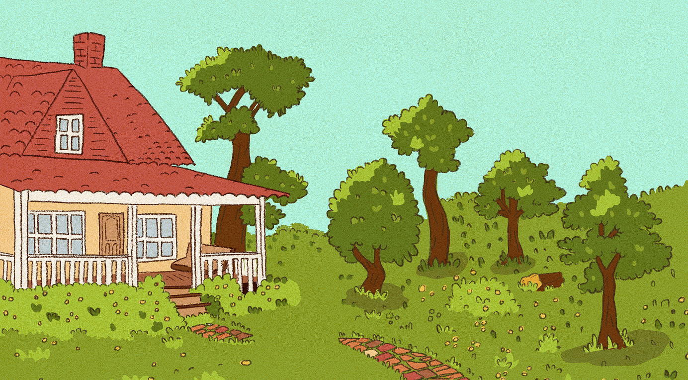 House and garden background: a red-roofed house with a porch, surrounded by trees and grass.