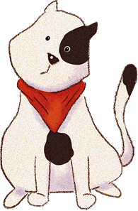 Deon in color: a white cat with black patches and a red bandana.