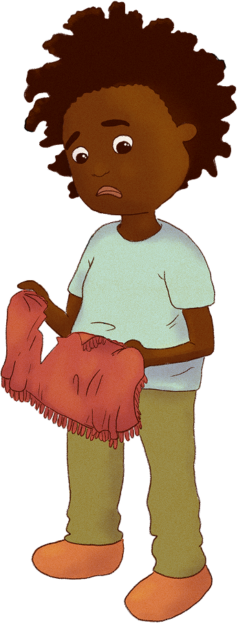 Donte in color, holding the torn red rug.
