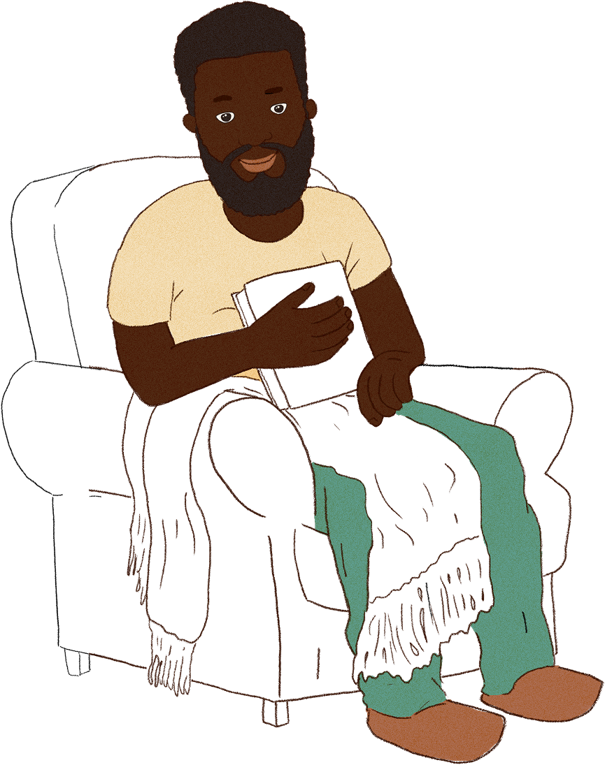Donte's dad in color, reading in an armchair with a blanket.
