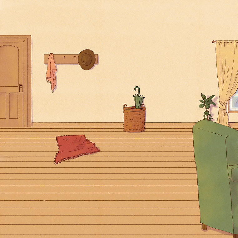 House interior: a room with a door, a coat rack, a red rug on the floor and a green armchair.