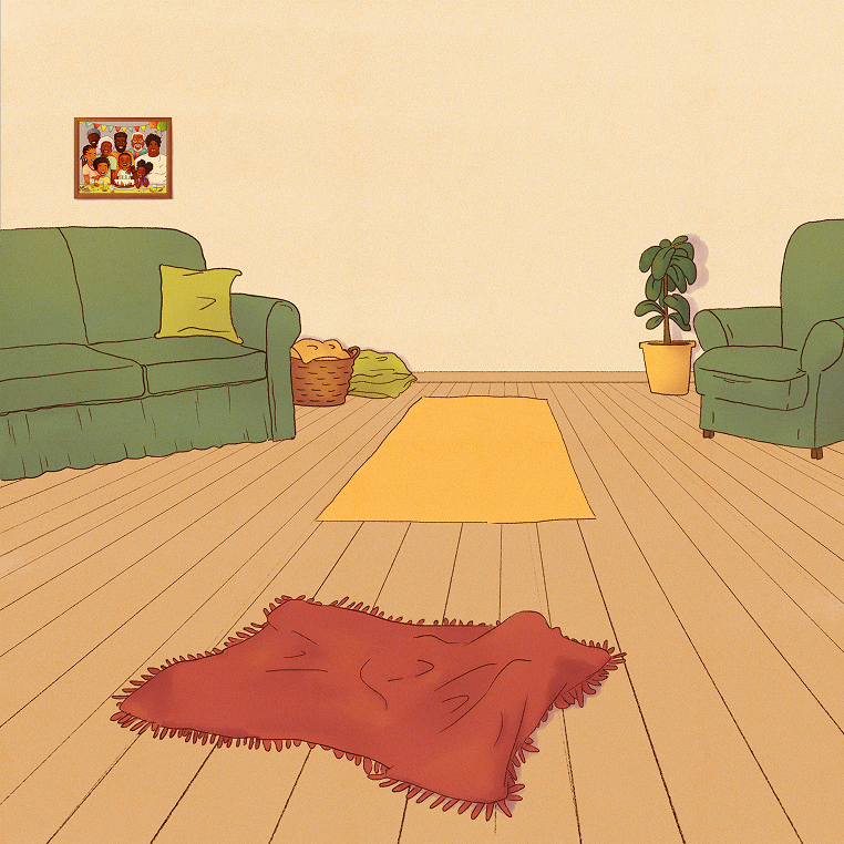House interior: the living room with a green sofa, a yellow rug and the red rug.