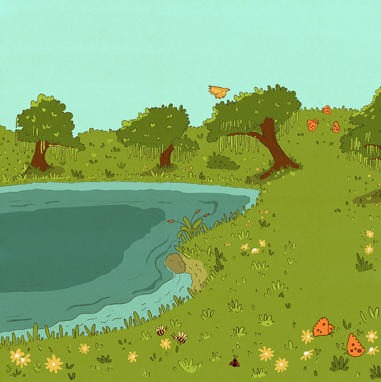 Lake background: a pond among green hills with flowers.
