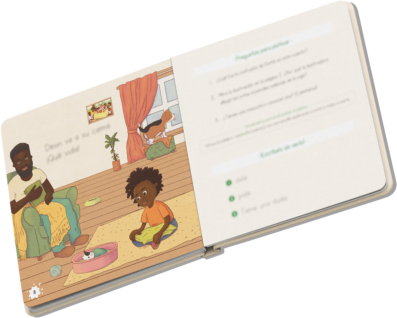 Full-color pages from “Una duda”: Donte’s dad reads on the couch while Donte watches Deon from the floor.