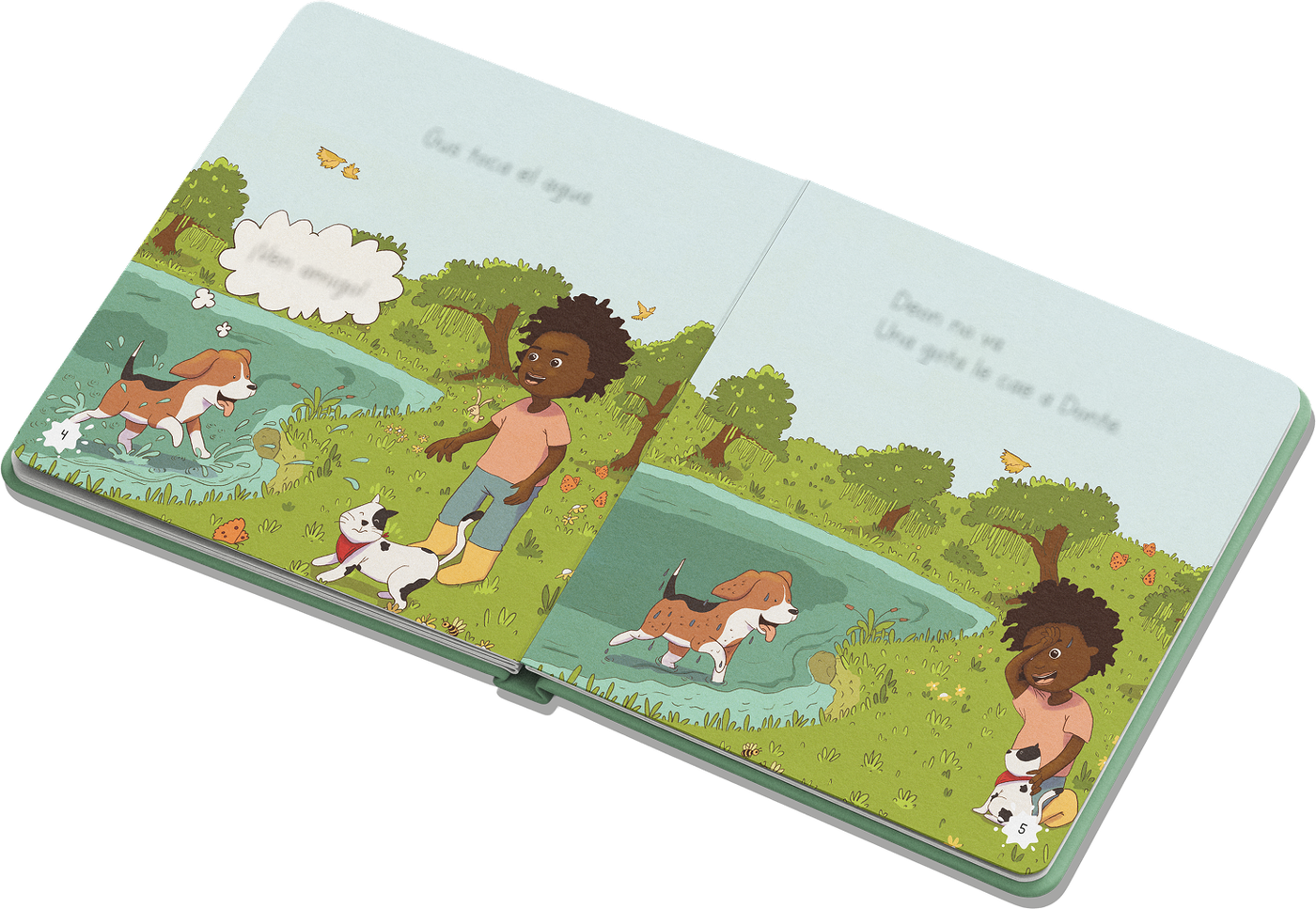 Full-color pages from “Una gota de agua”: Donte, Deon and Gus spend the afternoon at the lake.