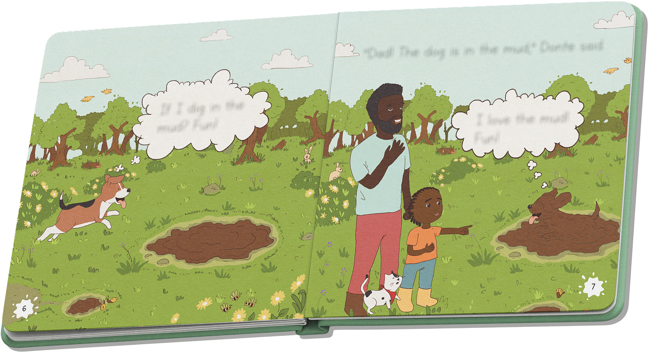 Full-color pages from “Fun in the Fog”: Donte and his dad look for Gus, who is playing in the mud.