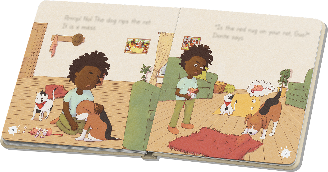 Full-color pages from “The Rat and the Rug”: Gus tears a toy while Deon looks on.