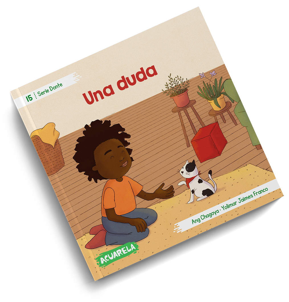Cover of “Una duda”, book 15 of the Donte Series: Donte sitting on the floor at home next to his cat Deon.