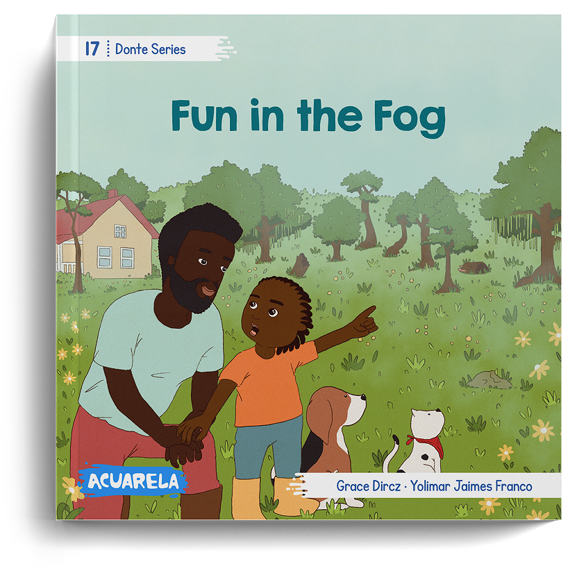 Cover of “Fun in the Fog”, book 17: Donte and his dad point at something in the field, with Gus and Deon beside them.
