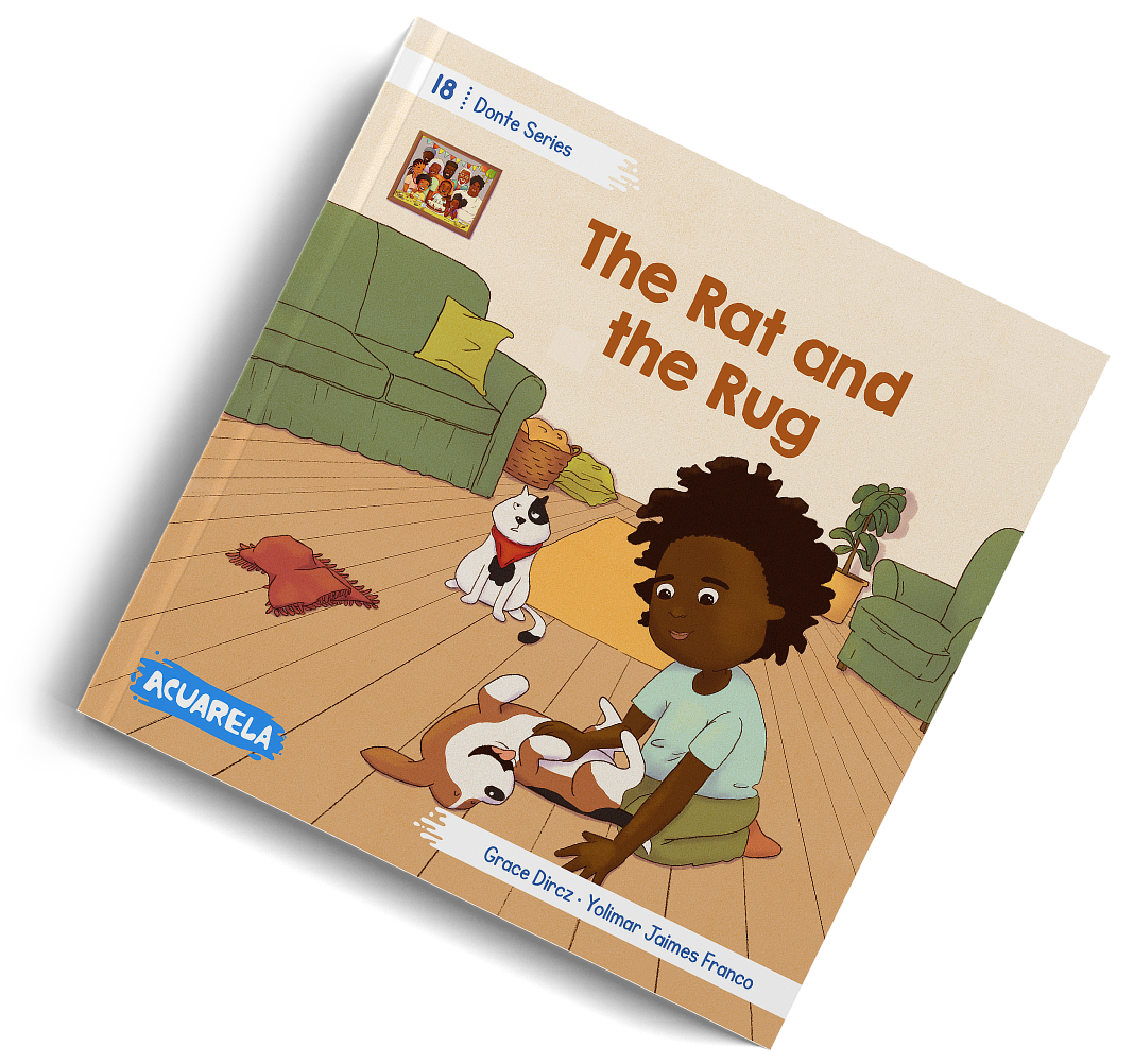 Cover of “The Rat and the Rug”, book 18: Donte in the living room with Gus while Deon watches.