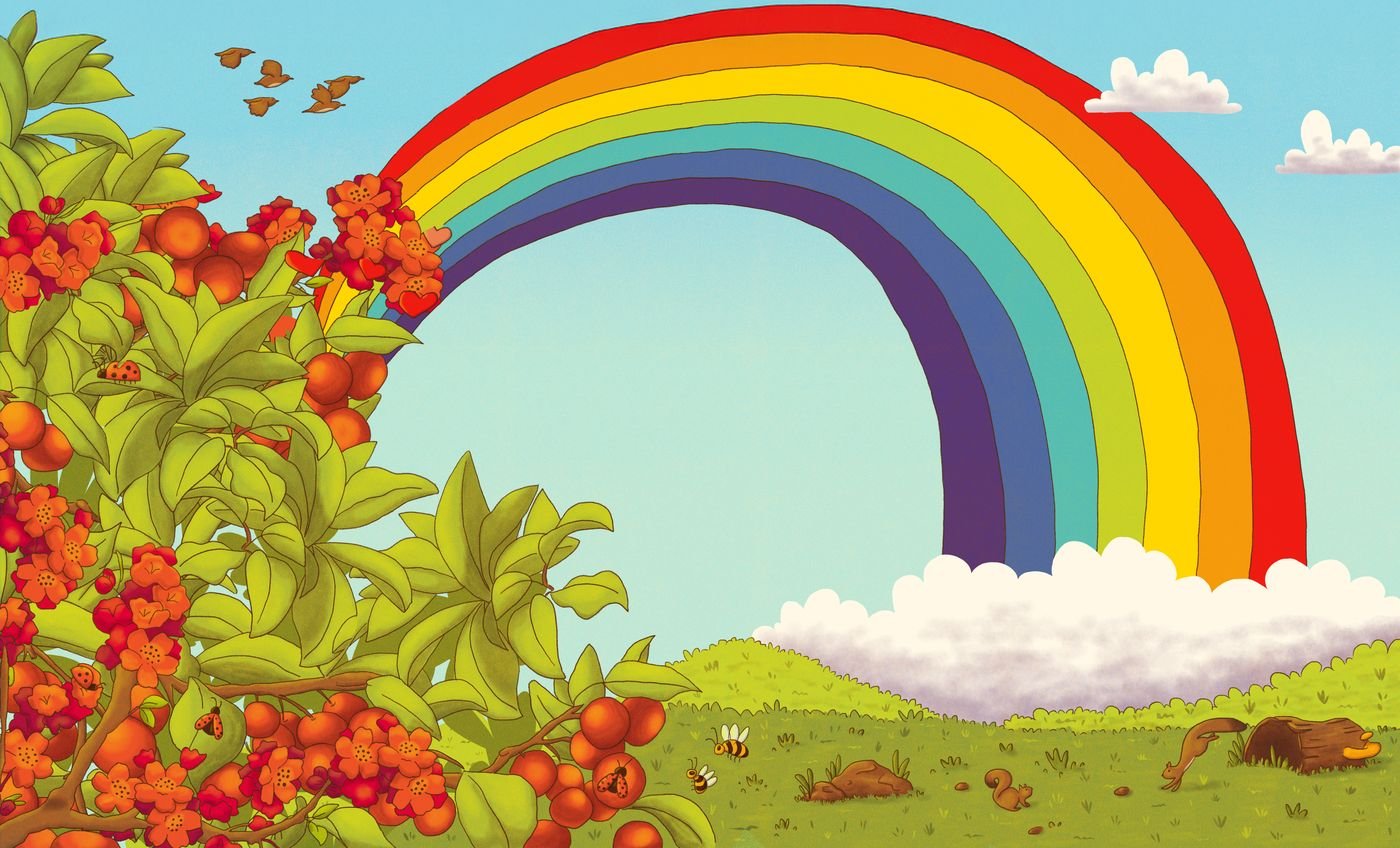 Ilustración de un paisaje infantil: un arcoíris cruza un cielo celeste sobre una colina verde, con un arbusto de bayas rojas a la izquierda y pequeños animales entre el pasto.