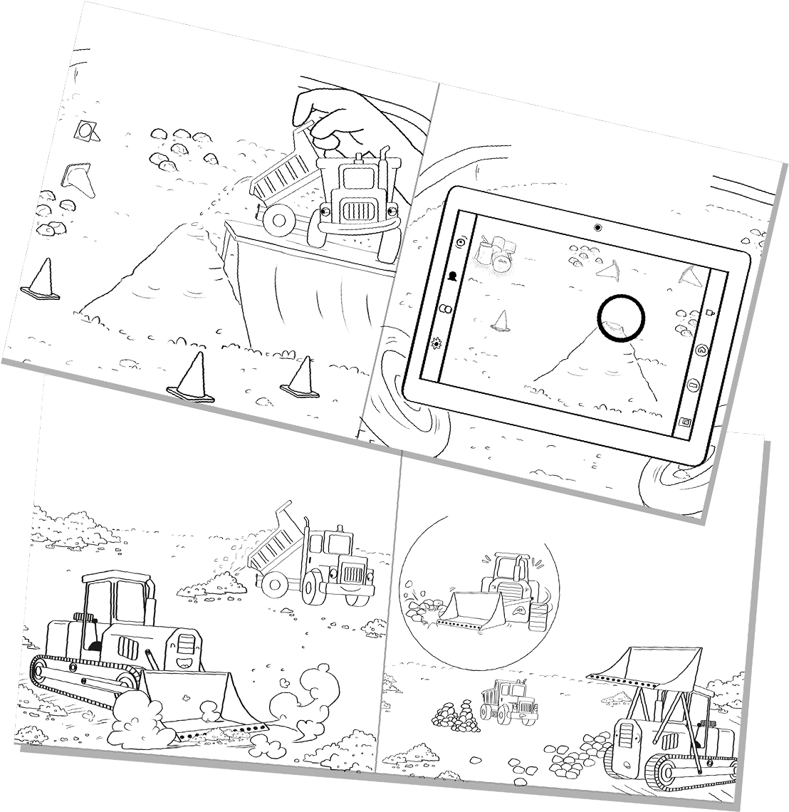 Line sketches for two pages: Duke builds a sand volcano and, in the other illustration, takes a photo of his creation.