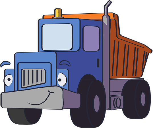 Duke, a blue dump truck with an orange bed and a smiling face.