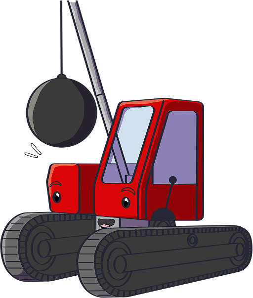 Crane, a red crawler crane with a wrecking ball.