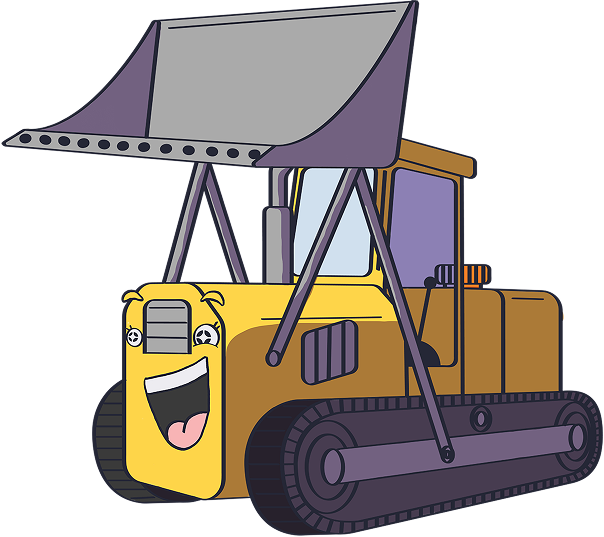 June, a yellow excavator with a gray bucket and a cheerful face.