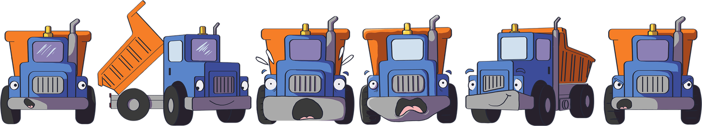 Duke’s Expressions: full-color illustrations of Duke with different expressions and the dump bed raised and lowered, accompanied by the color palette.