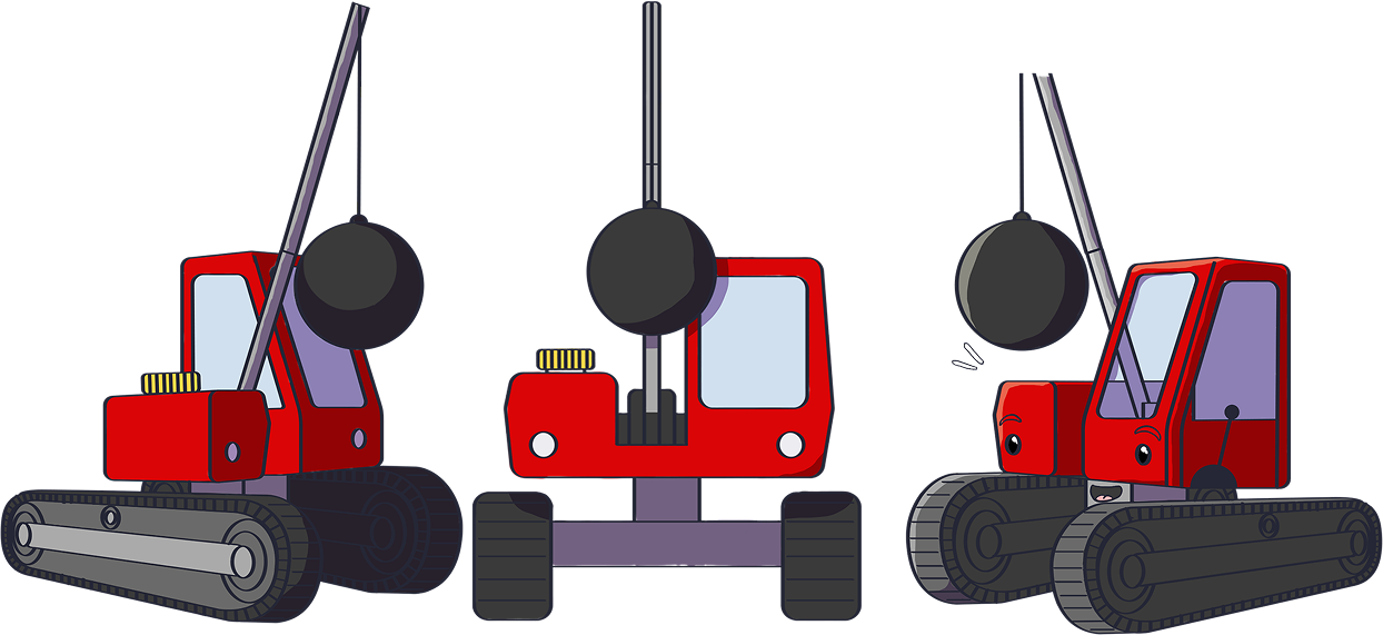Views of Crane: full-color front and side views of Crane with the wrecking ball hanging, accompanied by the color palette.