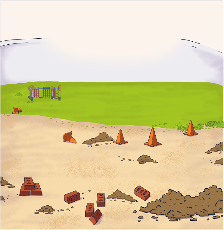 Background for “La máquina”: a sensory table with a strip of grass, sand and toy bricks.