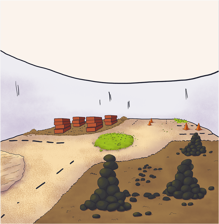 Background for “Duty Time”: a sensory table with a dirt road and piles of black gravel.