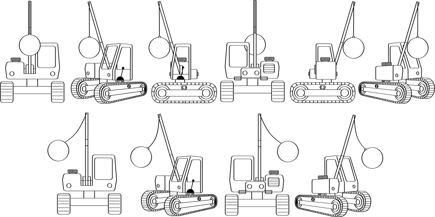 Line turnarounds of Crane from several angles, with its wrecking ball.