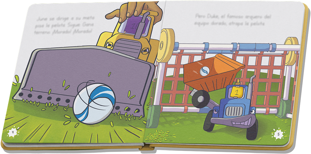 Full-color pages from “La máquina”: June and Duke play soccer with a toy goal.