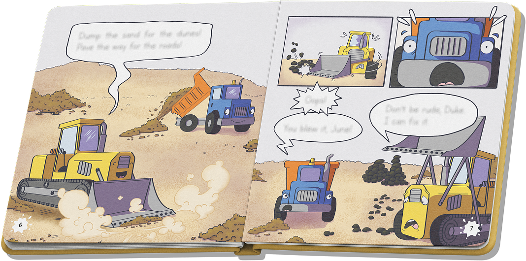 Full-color pages from “Duty Time”: the vehicles work as a team in the sand, with speech bubbles.