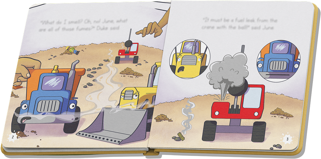 Full-color pages from “Crane Rescue”: Crane in front of a cloud of smoke while Duke and June watch.