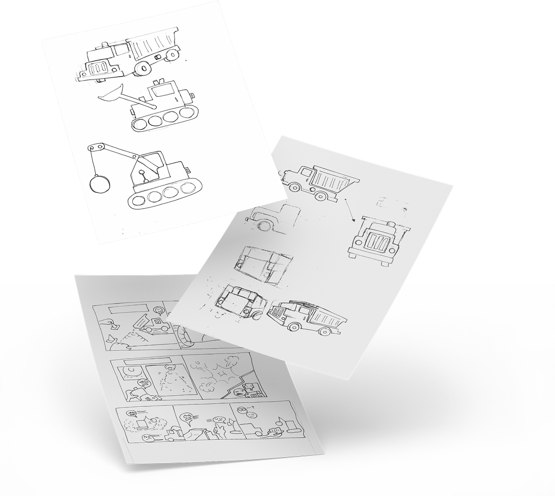 Pencil sketch sheets with early versions of the vehicles.
