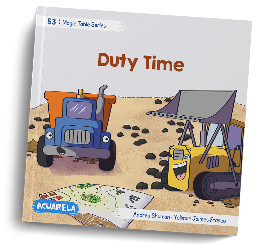 Cover of “Duty Time”, book 53: Duke and June work together on the sand next to a blueprint.