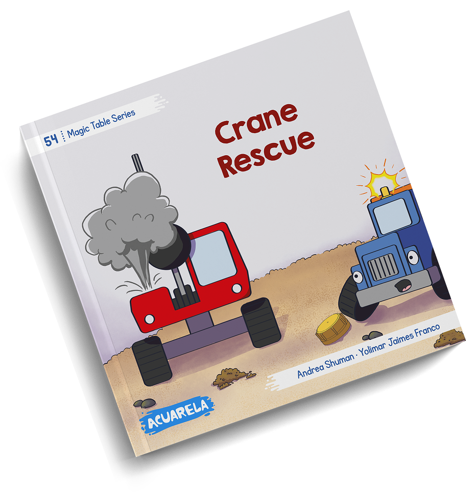 Cover of “Crane Rescue”, book 54: red Crane in front of a cloud of smoke, with Duke behind.