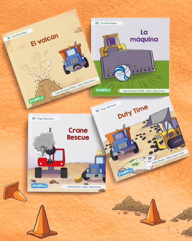 Cuatro portadas de la serie Mesa Mágica sobre una tela naranja, con vehículos de obra y un volcán: «El volcán», «La máquina», «Crane Rescue» y «Duty Time», rodeadas de conos de tránsito ilustrados.