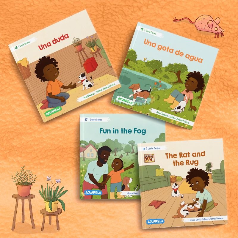 Cuatro portadas de la serie Donte sobre una tela naranja, protagonizadas por niñas y niños afrodescendientes en escenas cotidianas: «Una duda», «Una gota de agua», «Fun in the Fog» y «The Rat and the Rug».