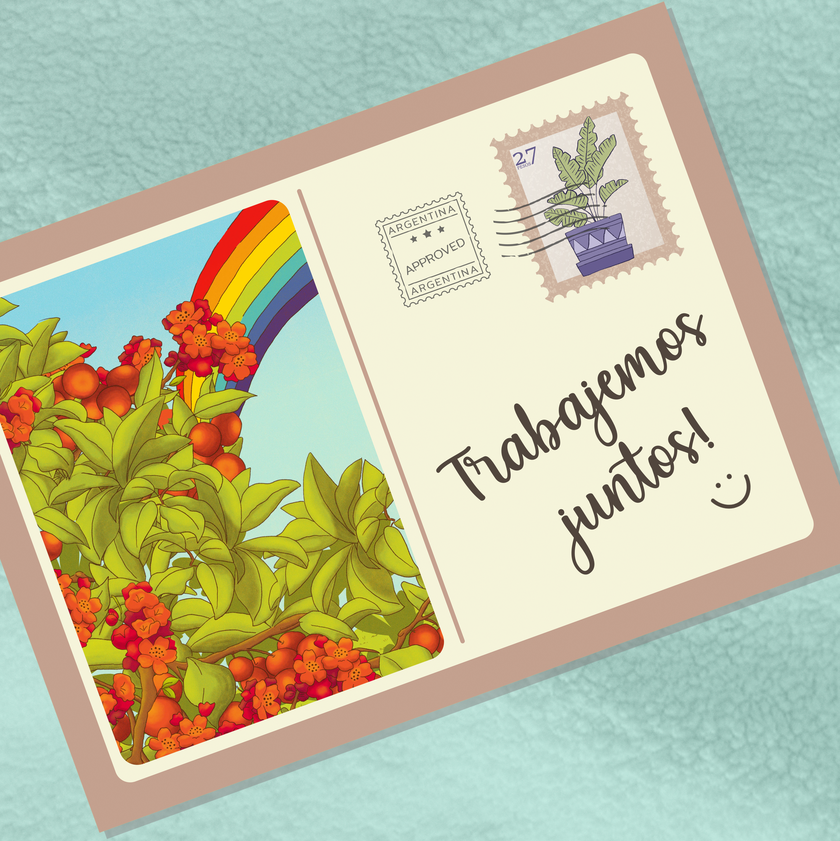Postal ilustrada con un arcoíris y un árbol de bayas rojas, con la frase «¡Trabajemos juntos!» escrita a mano y una estampilla.