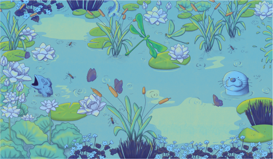 Escenario del lago: agua turquesa con nenúfares, juncos y peces, con su paleta de azules.