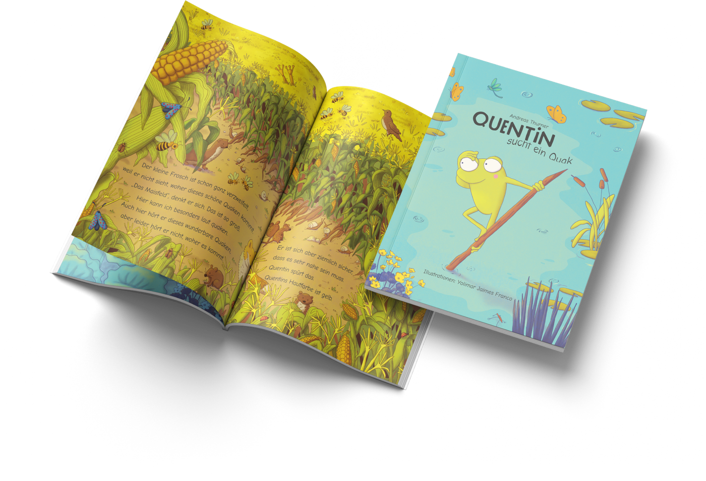 Maqueta del libro «Quentin sucht ein Quak» abierto junto a su tapa turquesa, donde una rana verde de ojos grandes se apoya en una caña entre juncos.