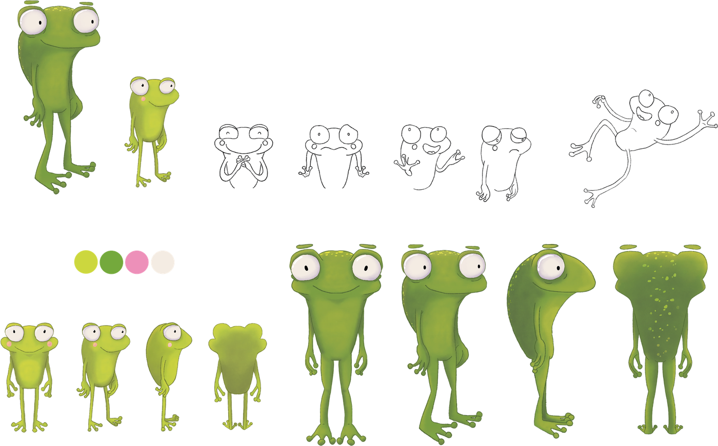 Hoja de personajes de Quentin y Quartus: las ranas verdes de frente, de perfil y de espaldas, bocetos de expresiones a línea y la paleta de colores.
