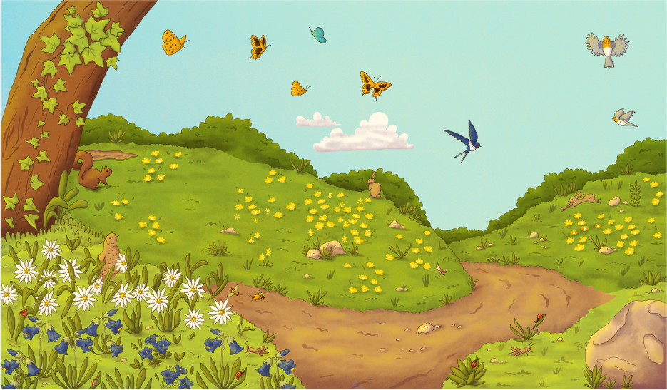 Escenario del prado: colinas verdes con flores amarillas, un camino de tierra, mariposas y pájaros, con su paleta de verdes.