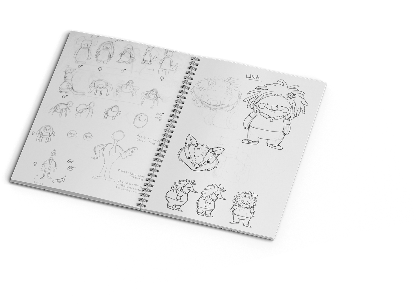 Cuaderno de espiral abierto con los primeros bocetos a lápiz de los personajes, entre ellos Lina y Eli.