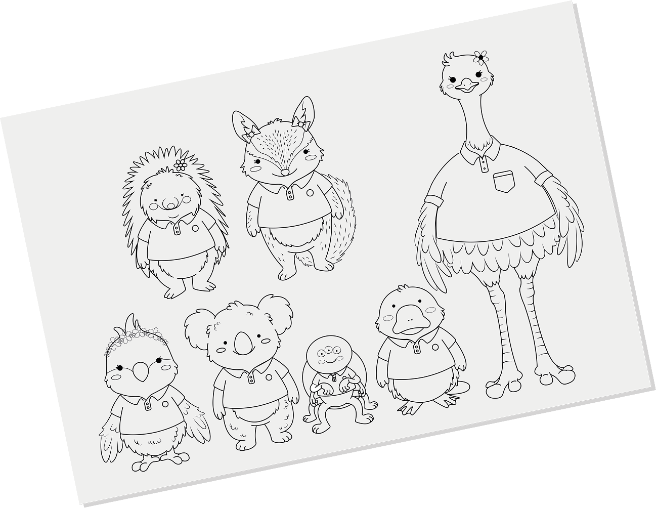 Hoja con los siete personajes en línea: Lina la equidna, Eli la numbat, la maestra emú, la cotorra, el koala, la araña y el ornitorrinco.
