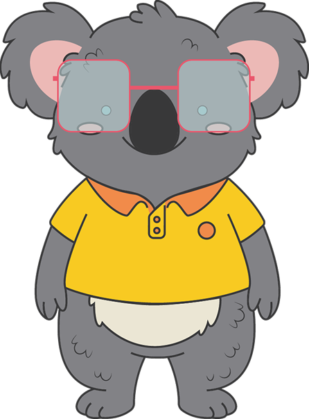 El koala a color, con anteojos y remera amarilla.