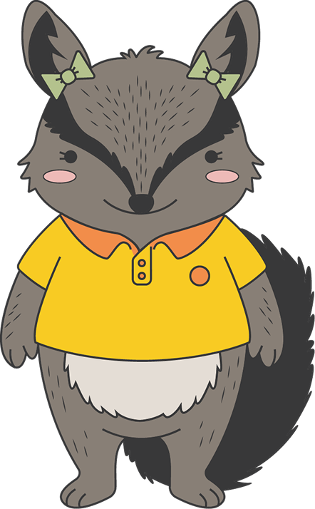 Eli, la numbat, a color, con remera amarilla y un moño verde en cada oreja.