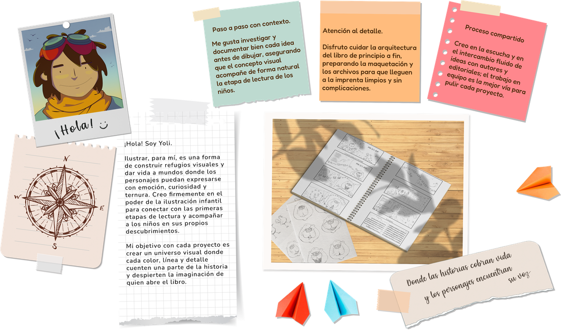 Collage tipo cuaderno de trabajo: fotos, bocetos a lápiz, papeles con notas manuscritas y aviones de papel sobre una mesa de madera.