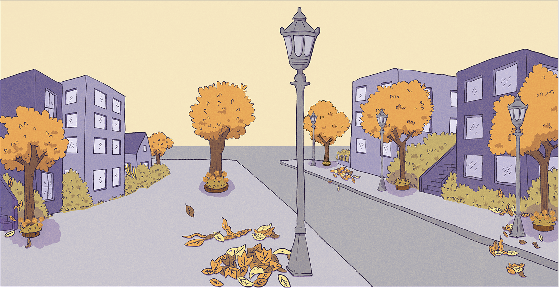 Escenario de «Un día de otoño»: una calle de ciudad con edificios violetas, árboles anaranjados y un farol.